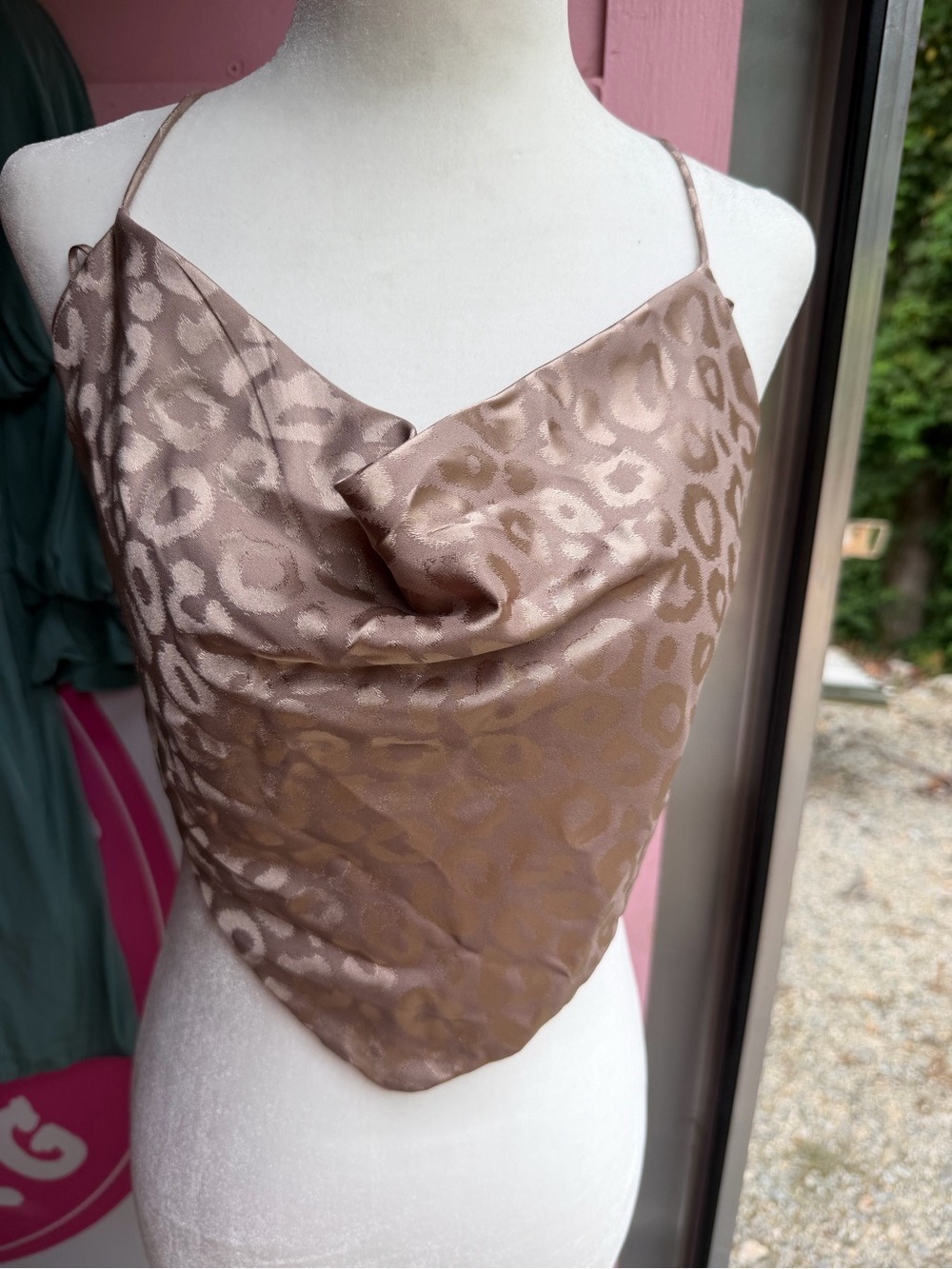 MABLE  Satin Leopard tie back bandana style top - Taupe color Small NWT